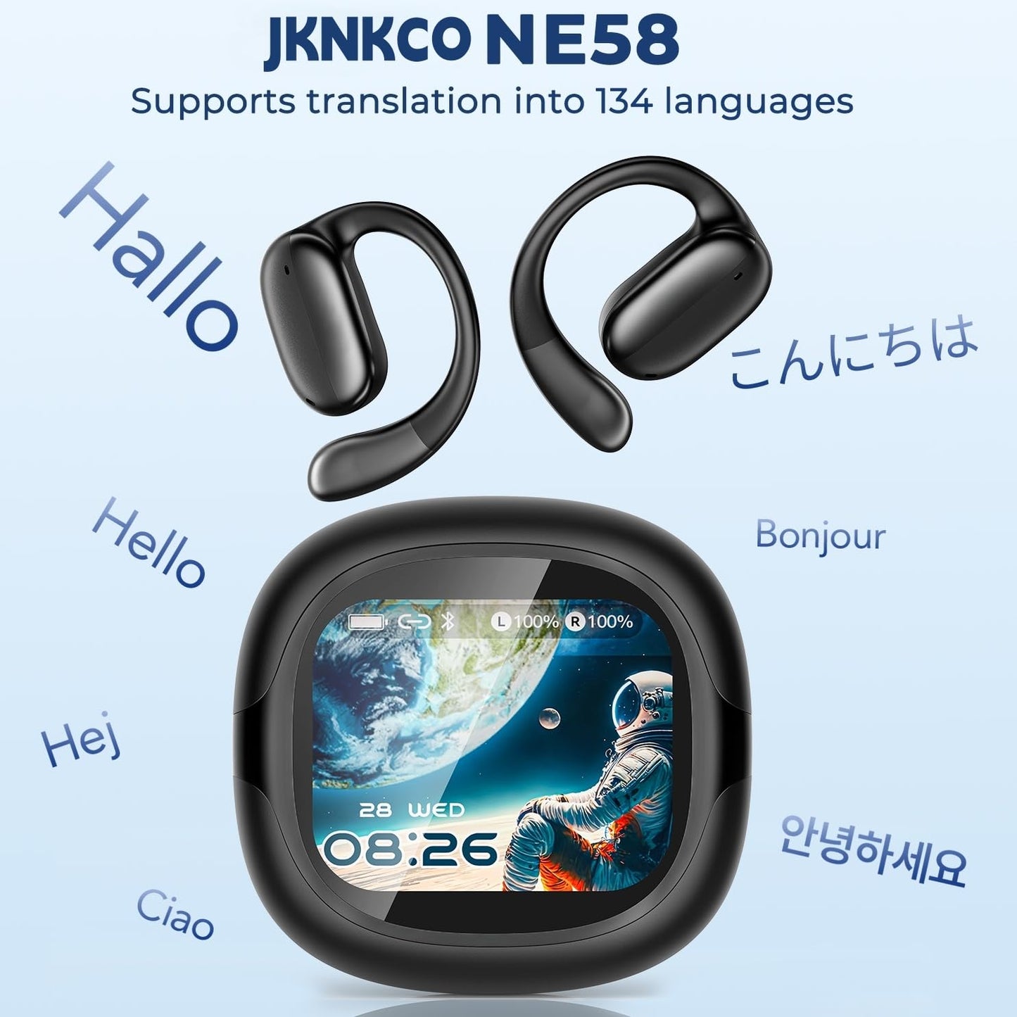 NE58 AI Translation Earbuds Real Time, 134 Language Translator Wireless Bluetooth 6.0 Open Ear Earbuds, LED Touch Screen, Noise Cancelling Translate Ear Buds for Travel & Business Meetings (White)