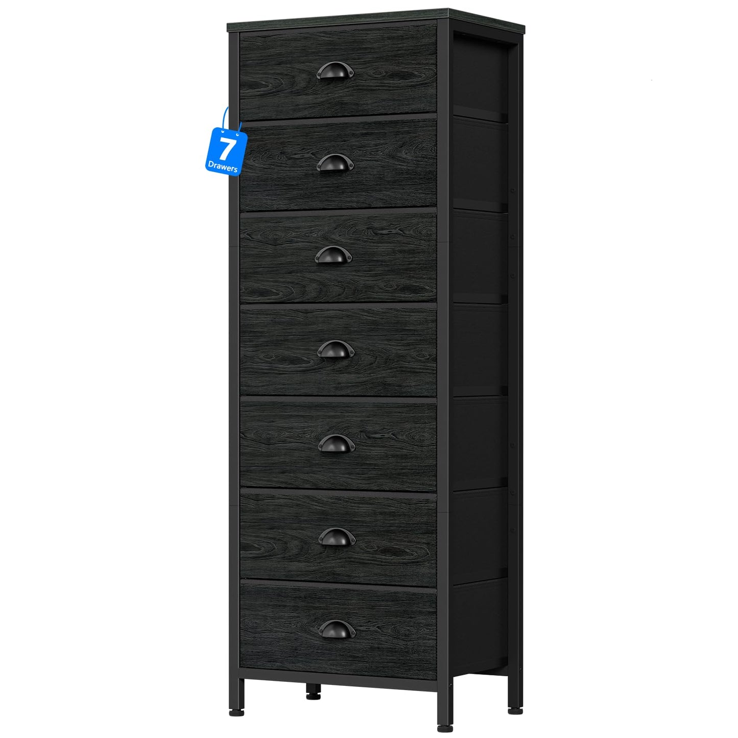 Furnulem Bedroom Dresser, Tall Chests of Drawers with 7 Fabric Bins, Black Organizer in Closet, Dorm, Living Room, Nursery, Hallyway-Storage Tower Unit, Sturdy Steel Frame