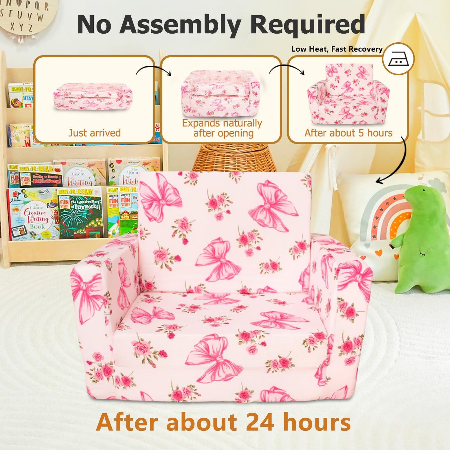 Beavtaens Kids Couch, 2-in-1 Kids Fold Out Couch, Convertible Sofa to Lounger for Girls and Boys, Soft Toddler Chairs Comfy 1-3 Years Old(Pink Bow)