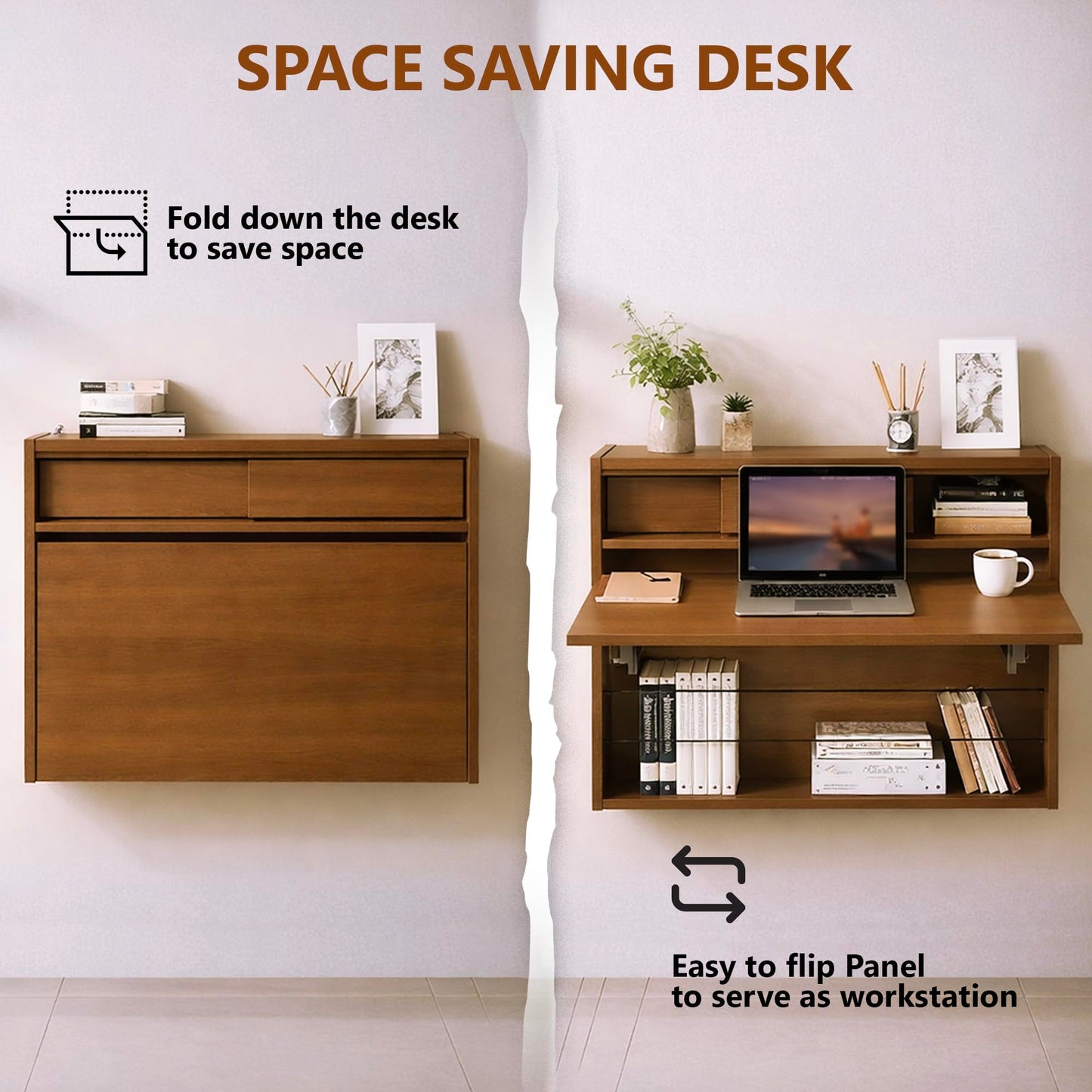 GOOTRY Wall Mounted Desk 31 Inches, Folding Table with Shelves, Space Saving Computer Desk, Floating Table, Multi-Purpose Folding Desk Perfect for Workstations, Dining, or Laundry Area.