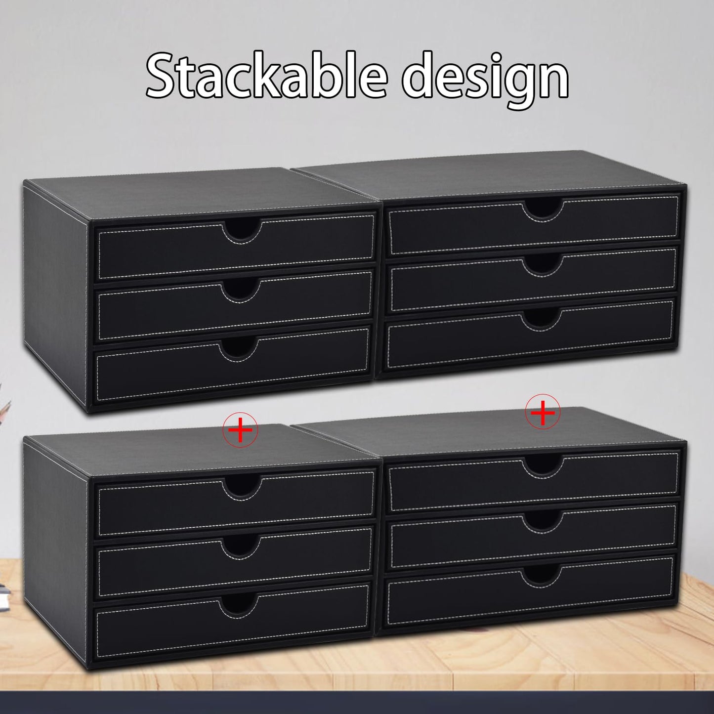 XNONE PU Leather Desk Organizer with 3 Drawers,Executive Office Supplies Desktop Filing A4 File Cabinet/Holder for Jewelry/Bill/Paper/Documents/Makeup Home Decor Stationery Storage Box,Black