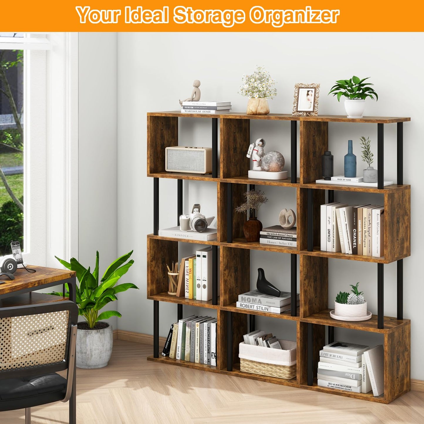 IBUYKE 5-Tier Tall Bookshelf,S-Shaped Geometric Bookcase, Wood Display Shelves with Storage,Industrial Bookshelf for Living Room Bedroom, Home Office, Rustic Brown WBC015H