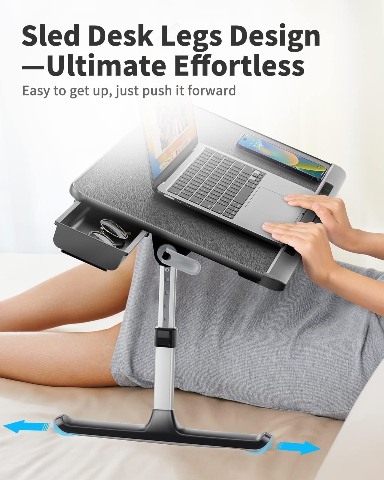 SAIJI Laptop Bed Desk Table - Portable Laptop Stand for Bed with Storage Drawer, Adjustable Lap Desk Bed Tray Fits 17" Laptop with PVC Leather for Work from Home & Dorm Study Essential (Dark Black)