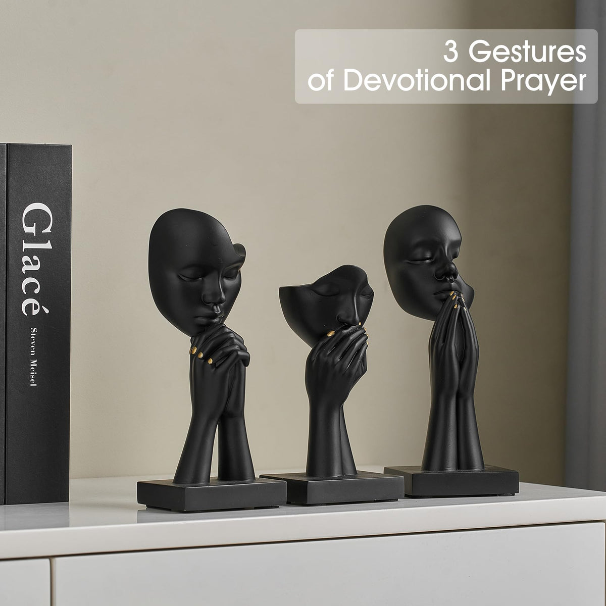 3 Pcs Black Decor Prayer Statues, Modern Prayer of Peace Figurines Shelf Decor Accents, Abstract Art Sculpture Home Decorations for Living Room Bedroom Office Bookshelf Coffee Table, Gifts for Women