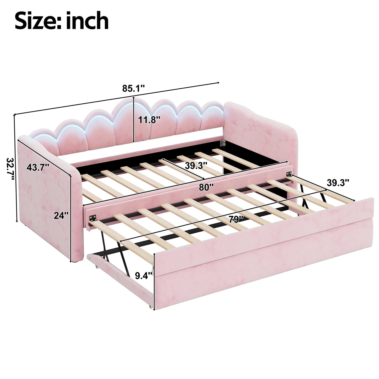QVUUOU Upholstered Twin XL Daybed with LED Light and Trundle, Pink - Cozy Comfort with Pull-Out Guest Bed