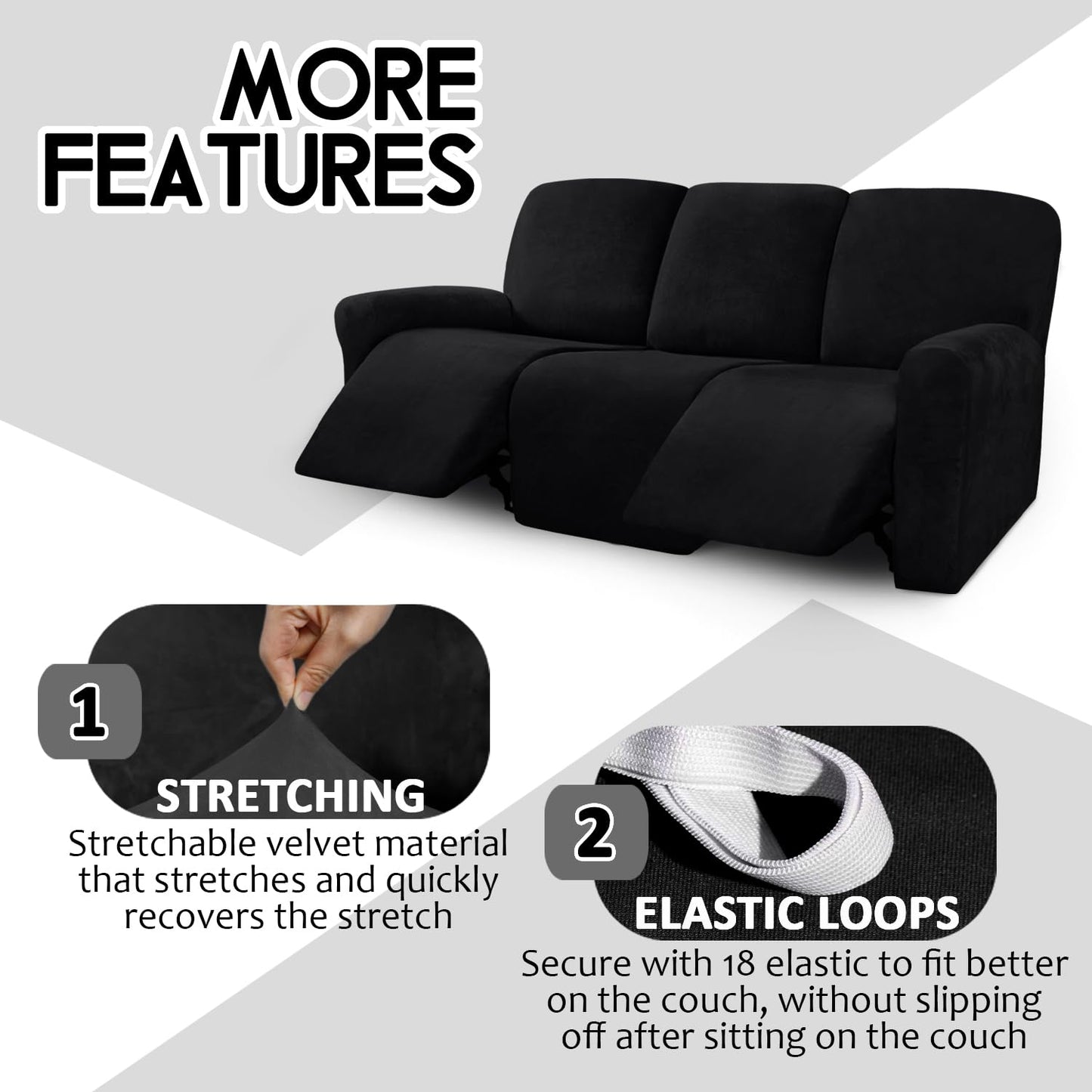 ULTICOR Velvet 8-Pieces Recliner Sofa Covers Stretch Reclining Couch Covers for 3 Cushion Reclining Sofa Slipcovers Furniture Covers Thick Soft Washable (3 Seater Recliner Cover, Black)