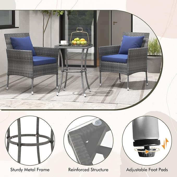 Tangkula 3-Piece Patio Furniture Set, PE Wicker Conversation Bistro Set w/A