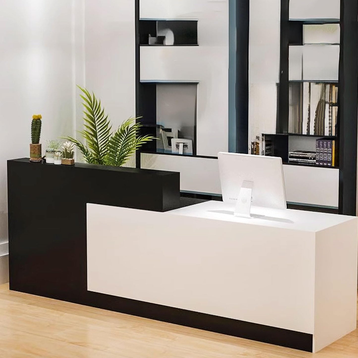 Modern Reception Desk for Office & Salon - 1.4m Engineered Wood Front Counter in Gray & White, Stylish Receptionist Furniture for Retail Spaces & Waiting Areas