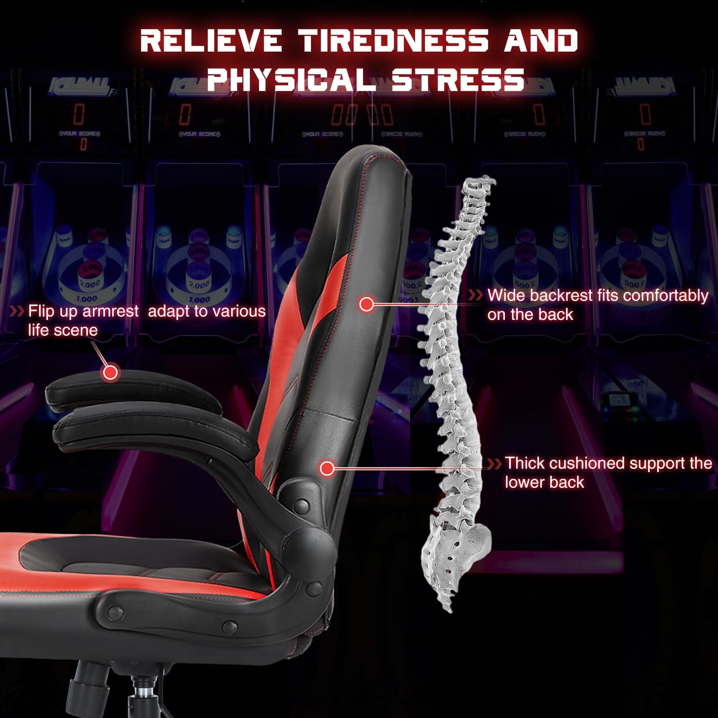 Sweetcrispy Computer Gaming Chair - PU Leather Ergonomic Lumbar Support with Flip-up Armrest and 360° Swivel Wheels, Height Adjustable Task Home Office Desk Video Racing, Red