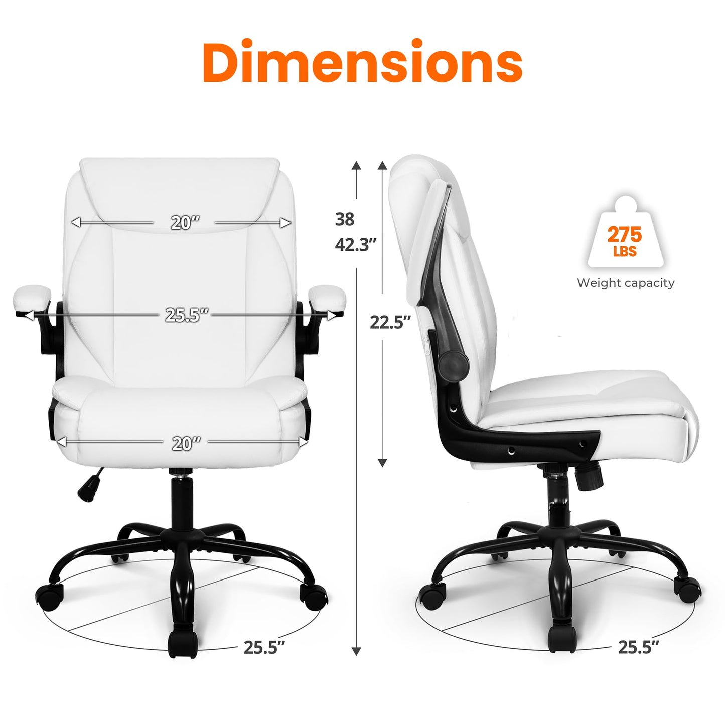 NEO CHAIR Desk Office Gaming Computer Chair Ergonomic Executive Mid-Back Leather with Adjustable Padded Flip-Up Armrests Cushion Wheels Swivel for Home Study Task (White)