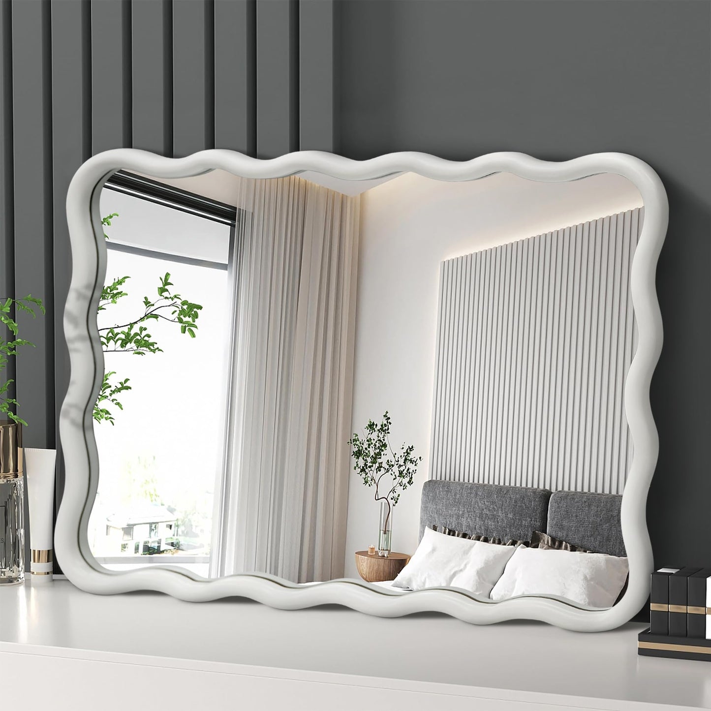 Dorlicecass White Wavy Mirror Solid Wood- Squiggly Mirror Vanity Modern Wall Decor for Bathroom, Bedroom, Living Room, Dining Room, Cloakroom, Entryway