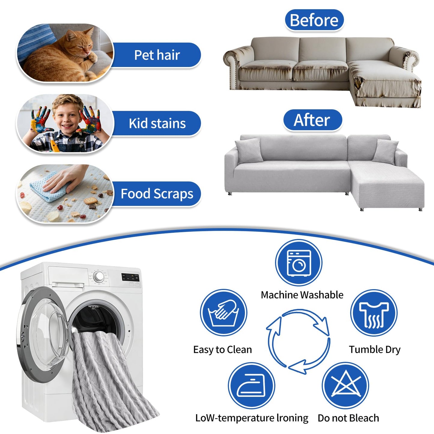 XINEAGE Sectional Couch Cover High Stretch L Shaped Sofa Cover 2 Pieces Non Slip Slipcover with Chaise Furniture Protector with 2 Pillowcases for Pets & Dogs (3 Seat Sofa + 3 Seat Chaise, Silver Gray)