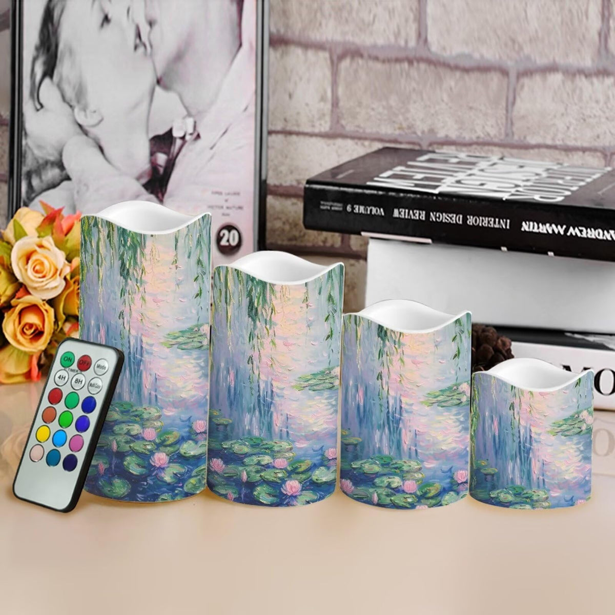 Cozeyat Garden Floral Valentines Day Flameless Candles Set of 4 Battery Powered LED Pillar Candles with Remote Timer Flickering Flame for Home Table Decor