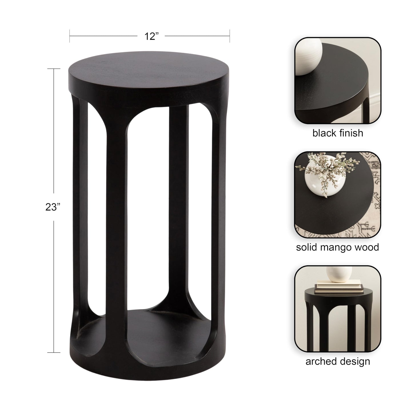 Kate and Laurel Dahl Modern Slatted Wooden Round Drink Table; 12 x 23; Black; Transitional Wood Accent Pedestal Table for Use as Living Room Plant Stand or Small Bedroom Nightstand