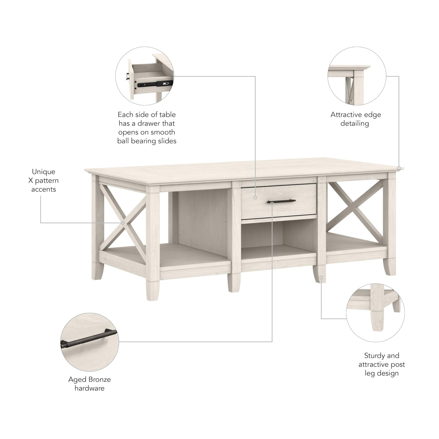 Bush Home Key West Coffee Table with Storage in Linen White Oak