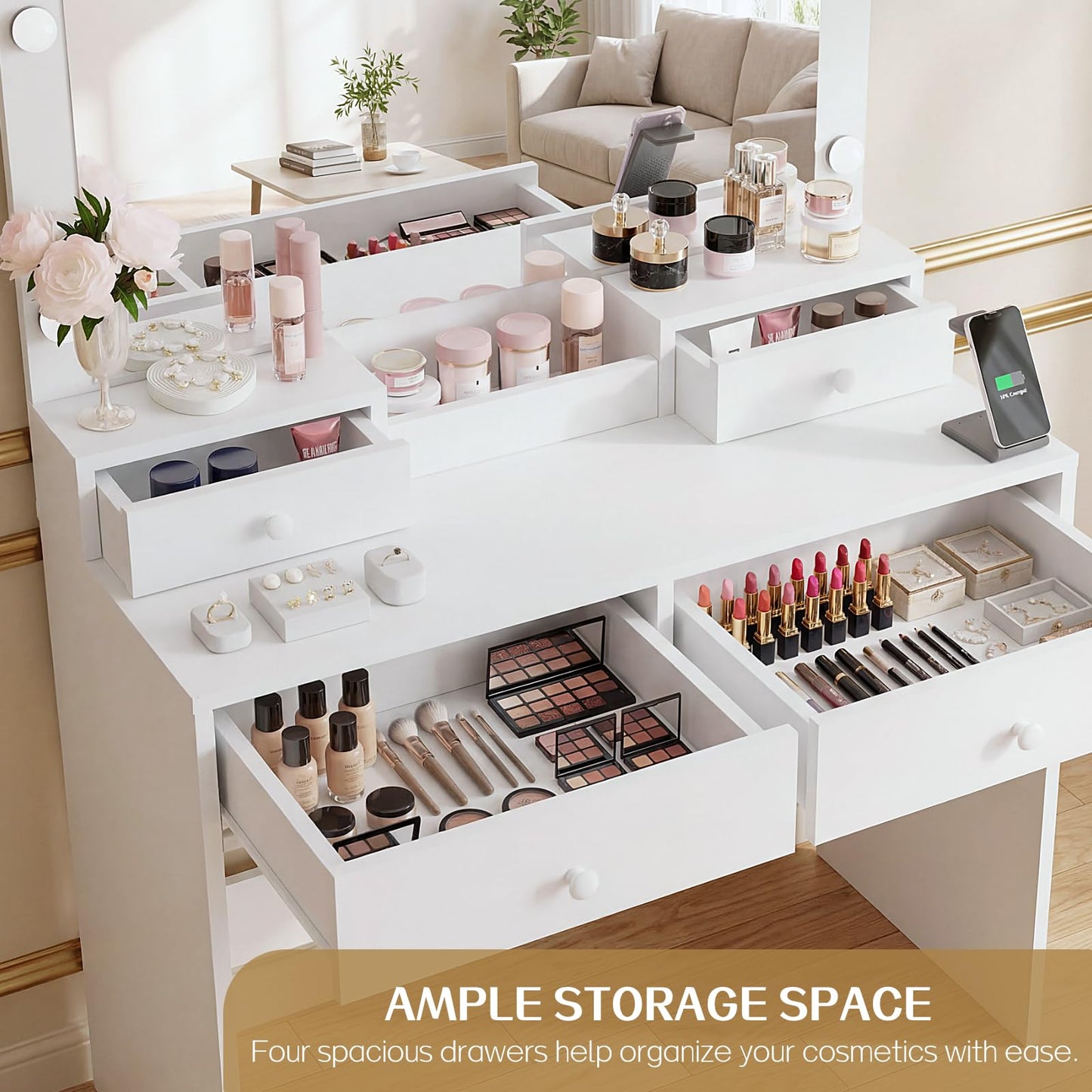 Haewon Vanity Desk with LED Lighted Mirror and Power Outlet, Makeup Vanity Table with 3 Lighting Modes, Vanity Desk Set with 4 Drawers and Storage Chair for Bedroom, White