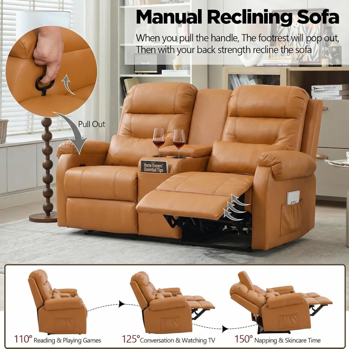 MANBUR RV Reclining Loveseat Sofa with Console, Wall Hugger Recliner Sofa, Double Recliner Home Movie Theater Seating with Cup Holders & Storage (Faux Leather Orange)