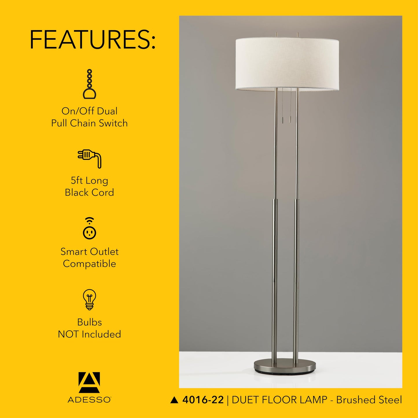 Adesso Brushed Steel Floor Lamp with Ivory Fabric Shade – Dual Pull Chain, Double Socket Design Accent Light for Bedroom, Living Room, or Home Office, 62” Tall
