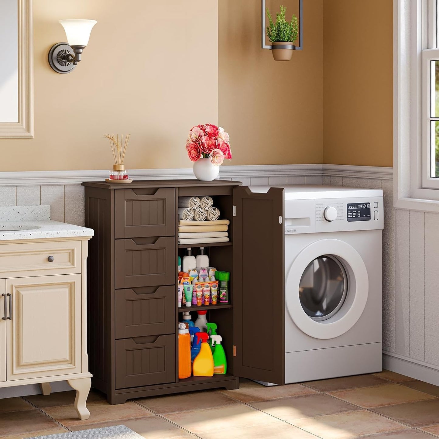 Gizoon Small Kitchen Pantry with Door and Shelves, 33'' Pantry Storage Cabinet Freestanding Wooden Bathroom Storage Cabinet with 4 Drawers for Kitchen and Dining Room, Dark Brown, Painted
