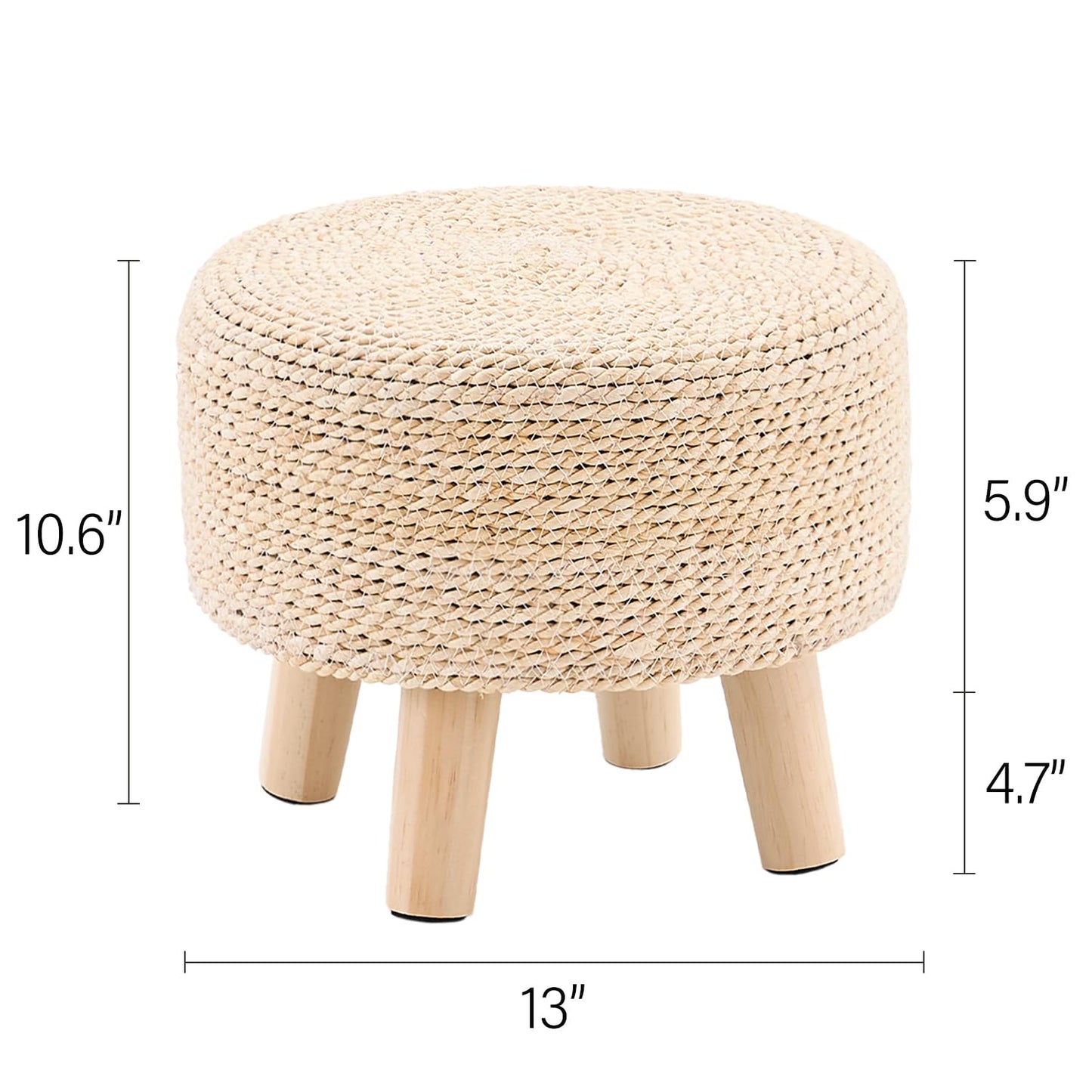Cpintltr Ottoman Natural Seagrass Footrest Poufs Hand Weave Round Foot Stool for Couch Desk Soft Step Stool Padded Foot Rest with Pine Legs for Living Room Bedroom (Natural White)