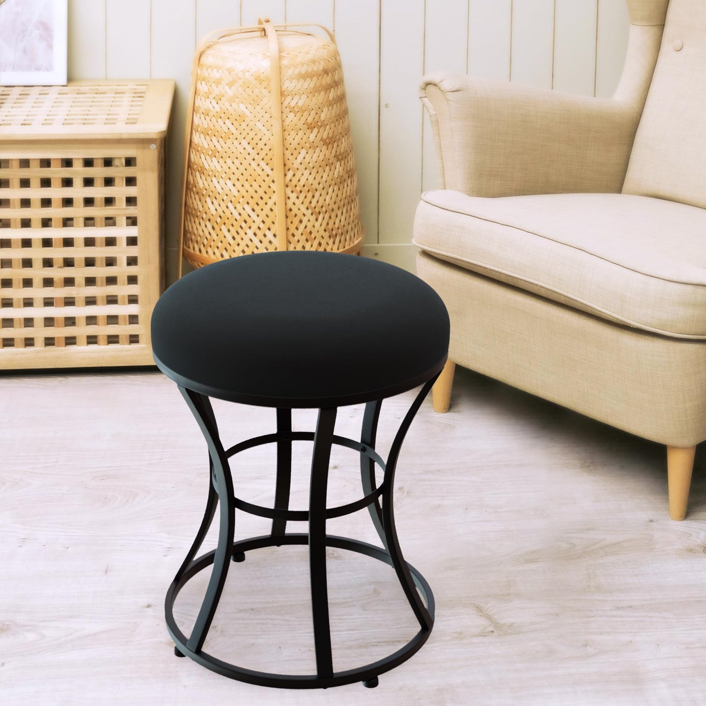 Ellensamqi Small Vanity Stool Chair, Makeup Stools for Vanity Desk, Bathroom Vanity Chair, Metallic Foot Stool for Living Room, Ottoman Foot Rest for Couch, Black Velvet, Modern Style