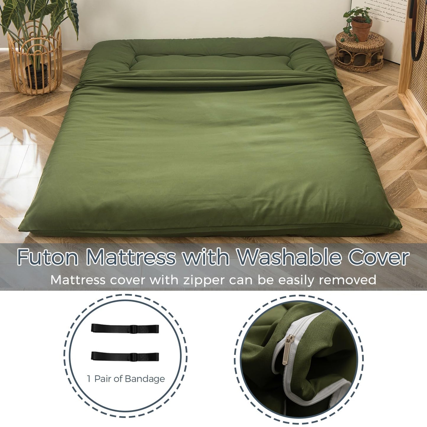 MAXYOYO 6" Extra Thick Japanese Floor Mattress Futon Mattress, Foldable Tatami Pad for Adults, Roll Up Floor Mat for Living Room Guest Room RV, Green, Twin