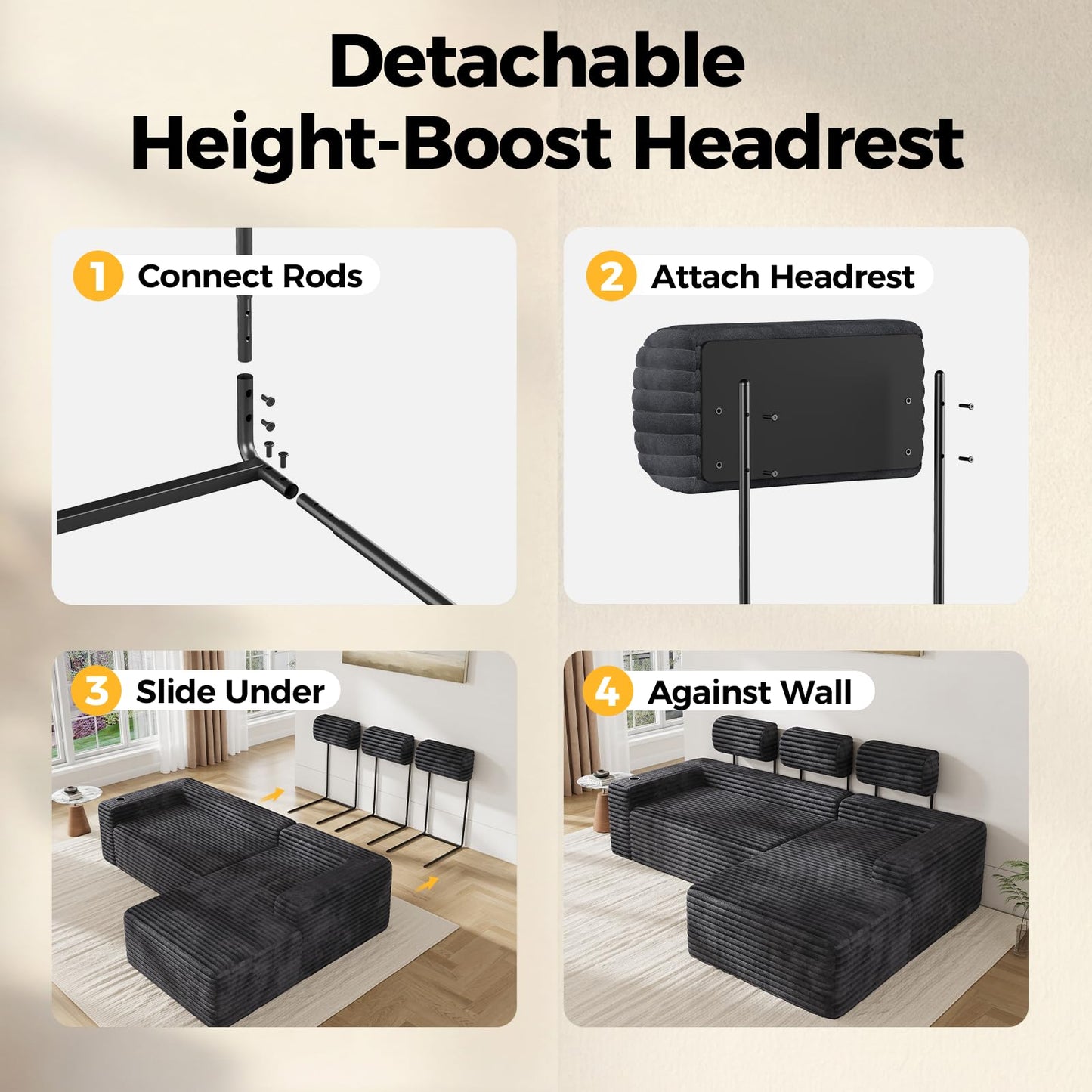 CAMMOO Couch Headrest Extender, 3 Pack Grey Corduroy