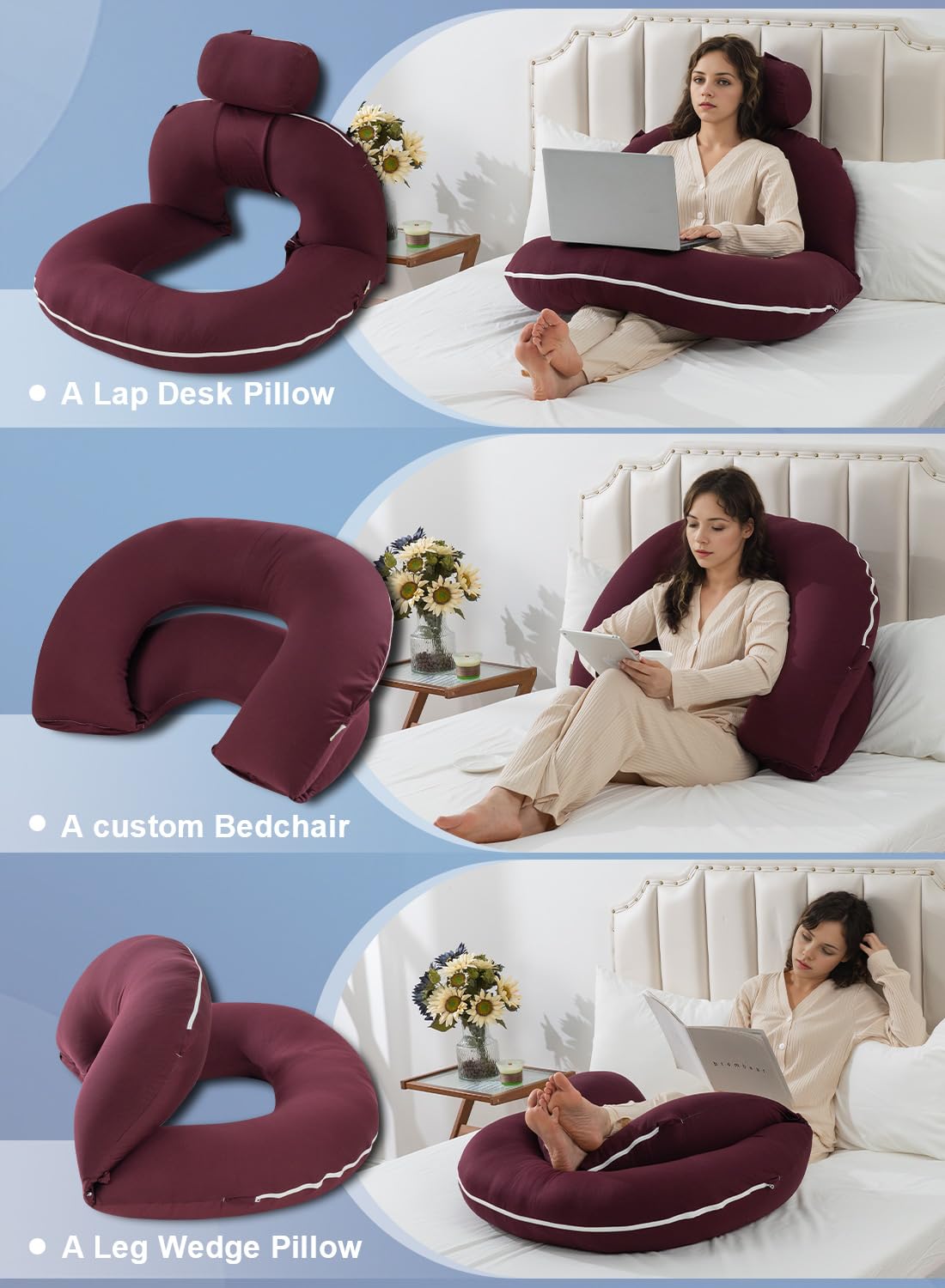 INSEN Reading Pillow, Back Pillow for Sitting in Bed for Reading, Nurse & Relax, Reading Pillow for Adults, Moms & Kids, Sit Up Pillow for Bed, Dark Purple