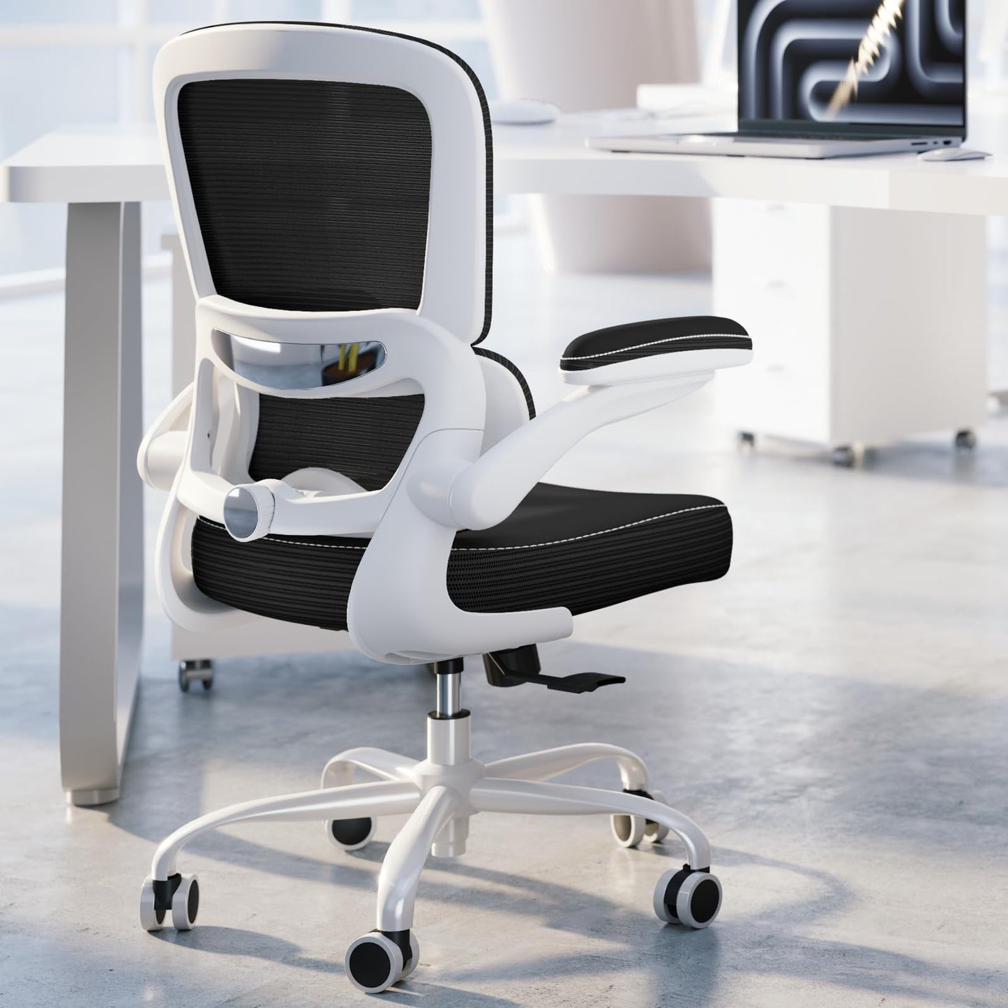 TRALT Ergonomic Office Chair - Desk Chair with Adjustable Lumbar Support Computer Chair - Mesh Comfy Chair with Flip-up Armrests - Gaming Chairs for Adults Home Office (PU Leather, Black White)