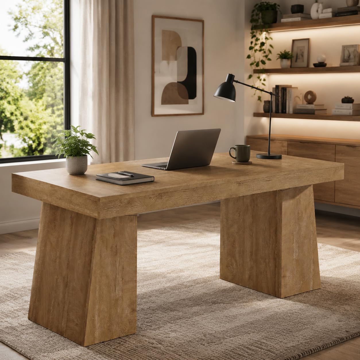 OpuVentorium 55.9" Oak Executive Desk with Power Outlets, Modern Home Office Desk with Storage Cabinet, Wooden Computer Desk for Workstation and Conference Use