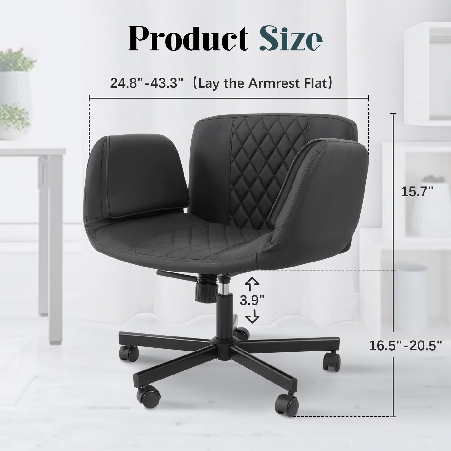 Azaeahom Criss Cross Chair with Wheels & Adjustable Armrests, PU Leather Computer Vanity Desk Chairs for Home, Office, Bed Room(Black)