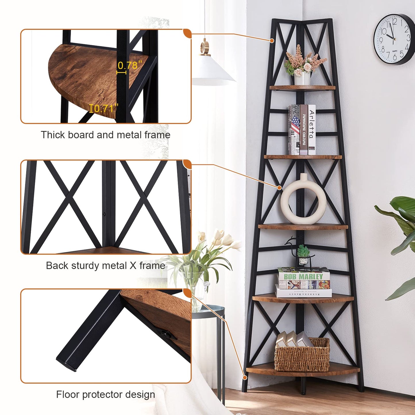HOMBAZAAR 72 Inch Tall Corner Shelf, 5 Tier Corner Ladder Bookshelf, Tall Corner Bookcase with Metal Frame, Rustic Shelf Stand for Living Room, Bedroom, Office, Rustic Brown