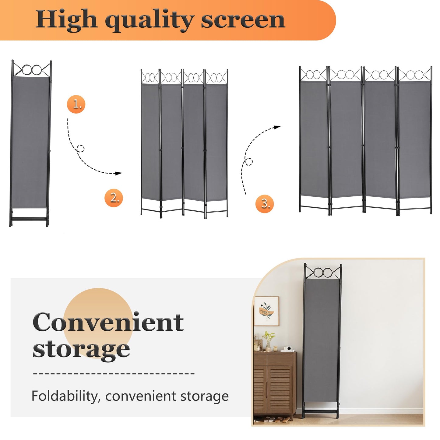 4 Panel Room Divider 6FT Steel Frame Screen Folding Privacy Divider Freestanding Partition for Home Office Bedroom,Light Grey