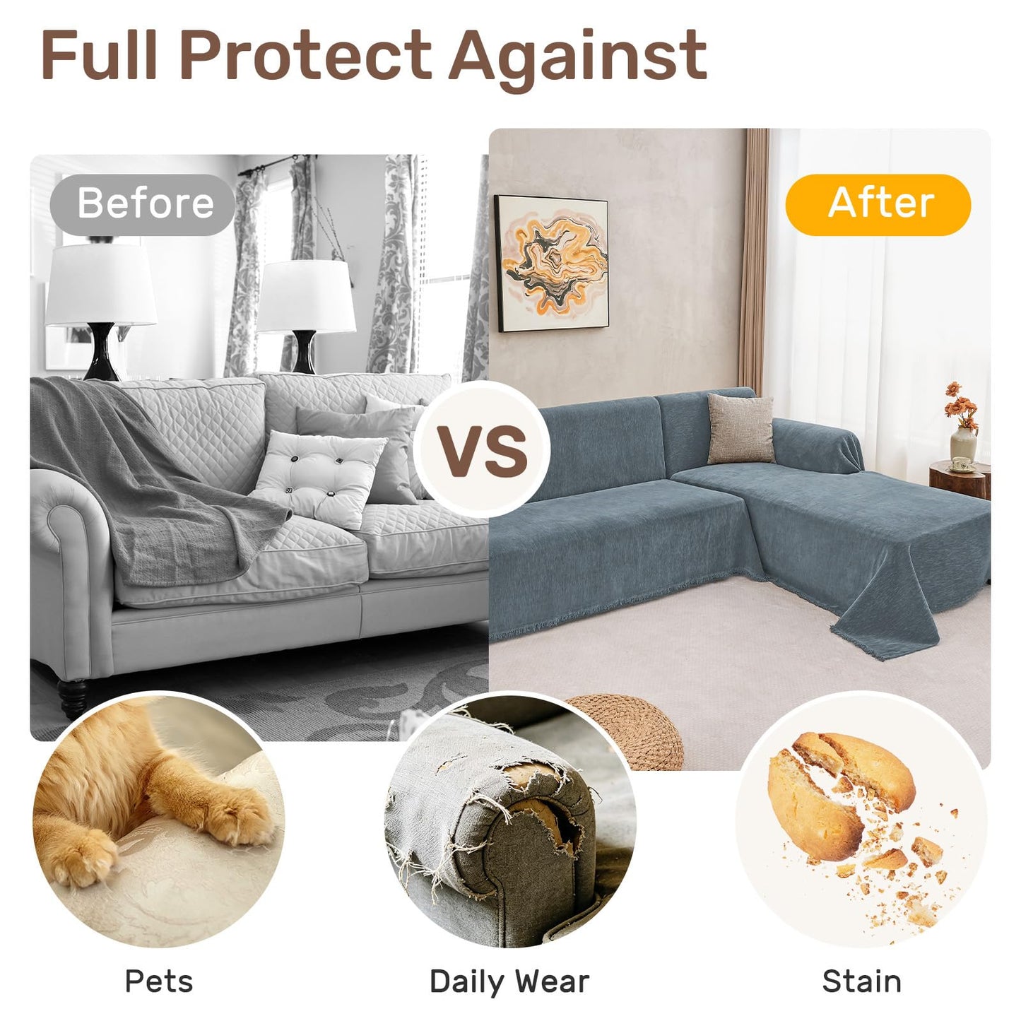 Houmiggle Sectional Couch Covers, 2 Pieces Washable L Shaped Couch Covers Sofa Blanket for Dogs Pet Friendly Sectional Sofa Slipcovers Furniture Covers,71"x118"+91"x134",(XXX-Large,Dusty Blue)