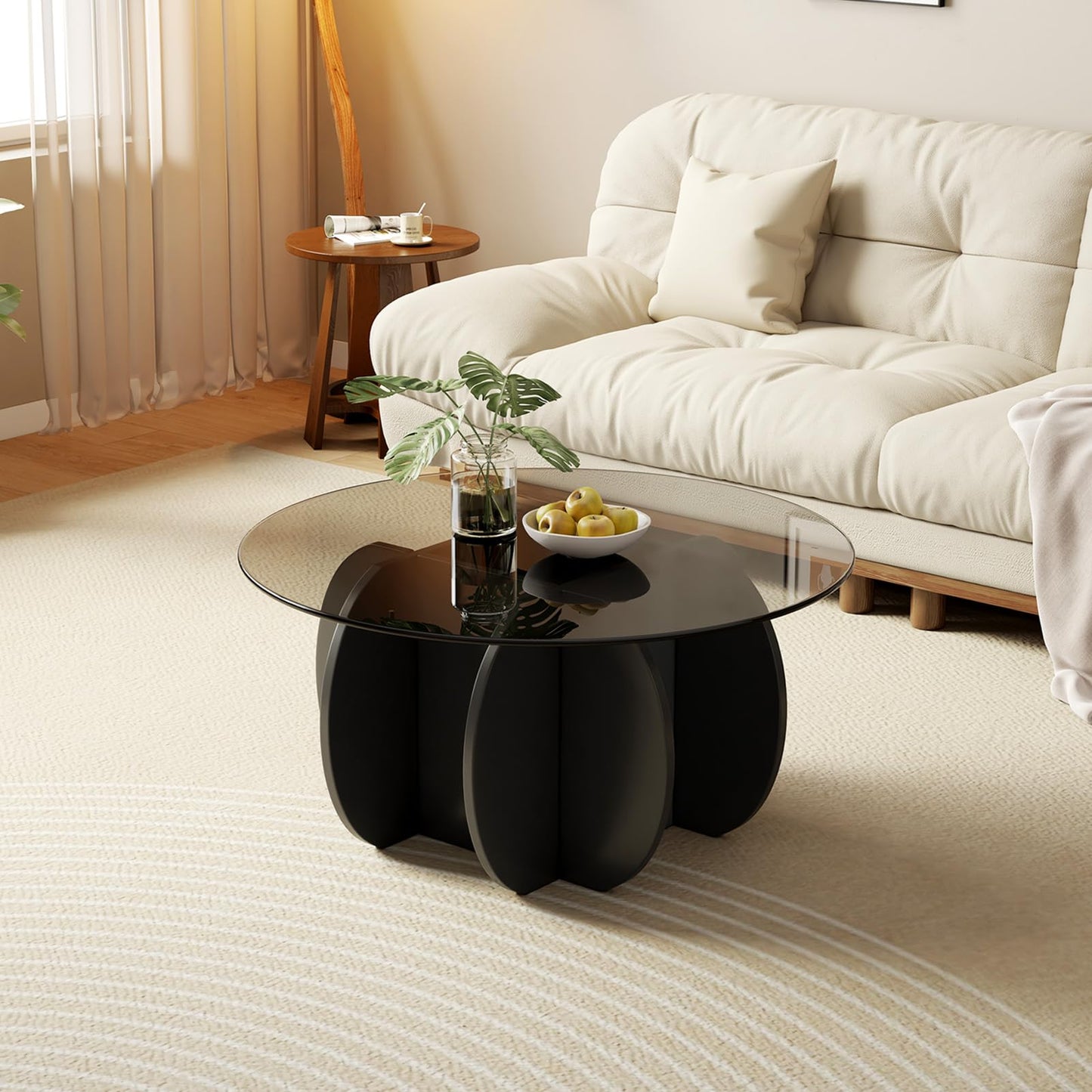 JCAJCA Coffee Table for Living Room Mid Century Modern Round Center Table with Glass Top, Black