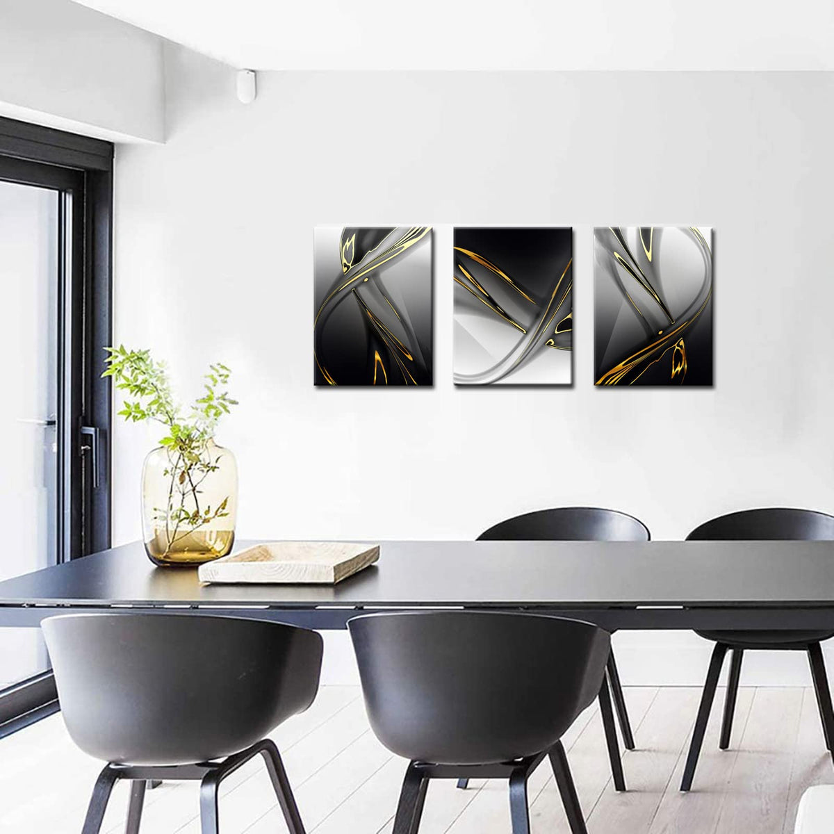 Biuteawal 3 Piece Canvas Print Gold Modern Abstract Wall Art Decor Black and White Artwork Canvas Painting Prints Pictures Home Office Living Room Bedroom Decoration Gallery Wrap Ready to Hang