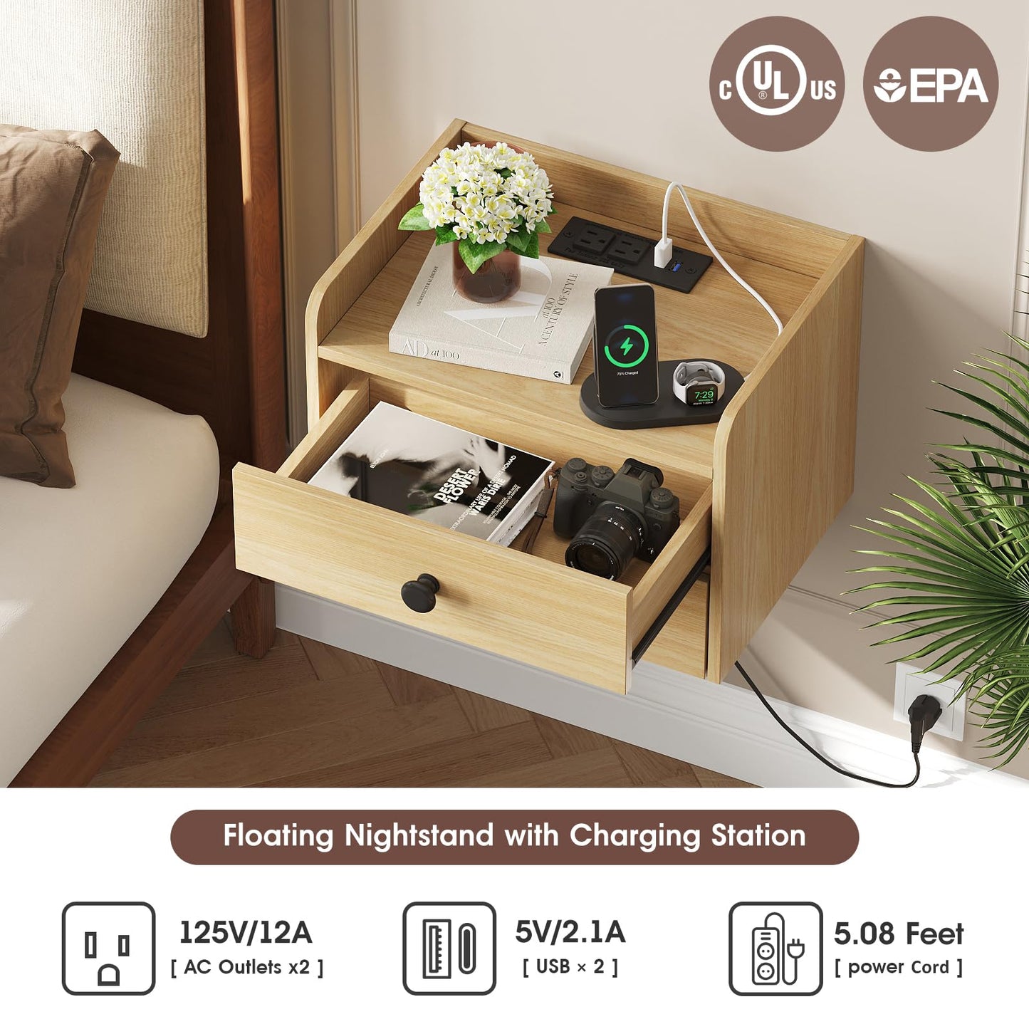 Floating Nightstand Set of 2 with 2 Storage Drawers and Charging Station Wood Wall Mounted Bedside End Table Modern Night Stands Set 2 for Bedroom,Small Space,Natural