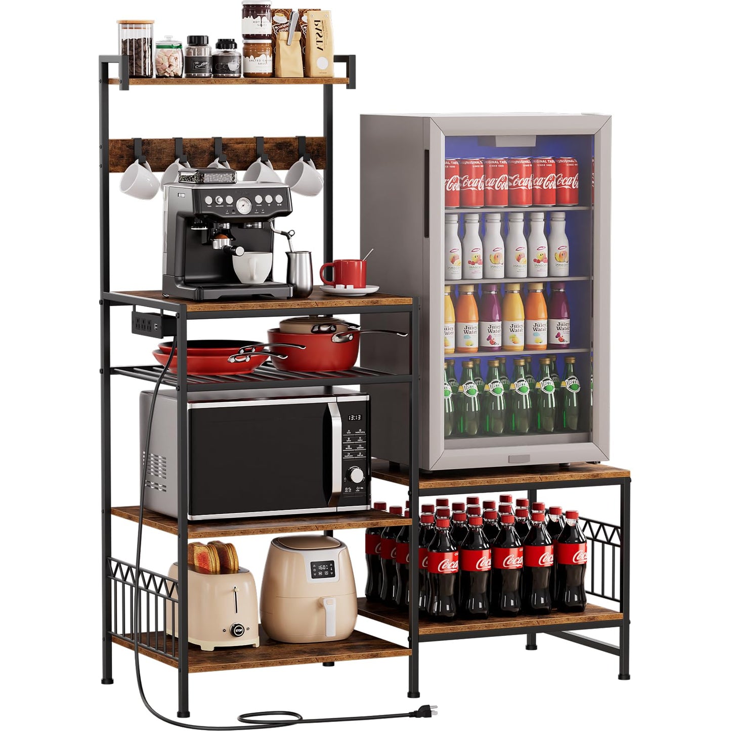 Portin Mini Fridge Stand Coffee Bar Cabinet with Power Outlet, Mini Fridge and Microwave Stand with S-Hooks, 7 Storage Shelf Rack for Dorm,Office - Kitchen Bakers Rack