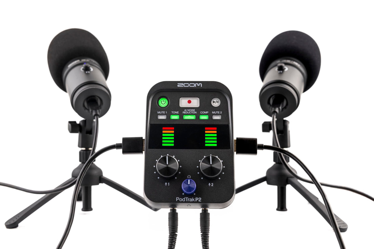 Zoom PodTrak P2 Podcast Recorder, 2 USB Mic Inputs, 2 Headphone Outputs, AI Noise Reduction, Tone & COMP Effects, Remote Guest Recording, SD Card, Battery/USB-C Powered