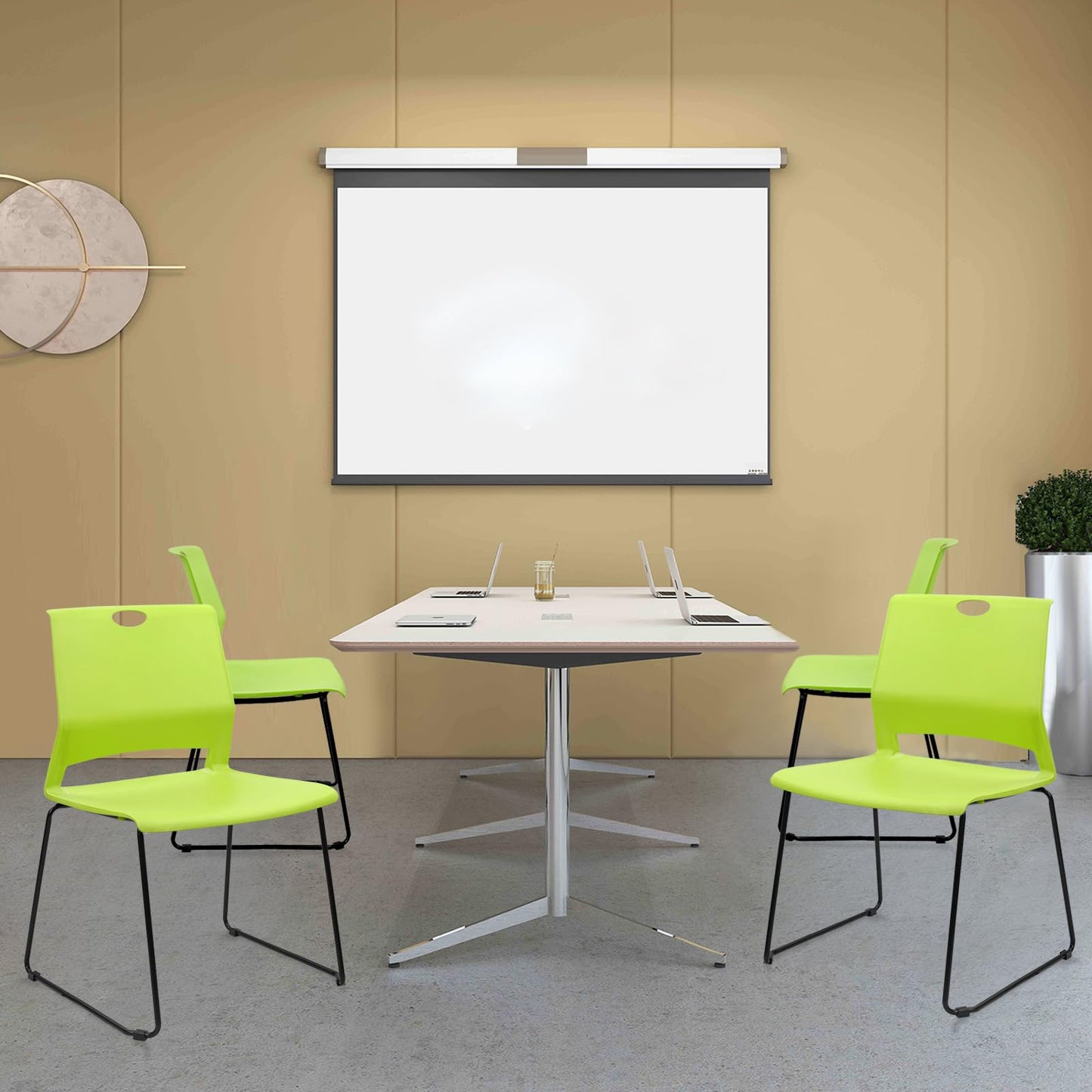 KLASIKA Stackable Guest Reception Chairs, Stacking Office Chair with Ergonomic Lumbar Support & Metal Legs, Plastic Desk Chairs for Conference School Church Waiting Meeting Break Room Set of 4, Green