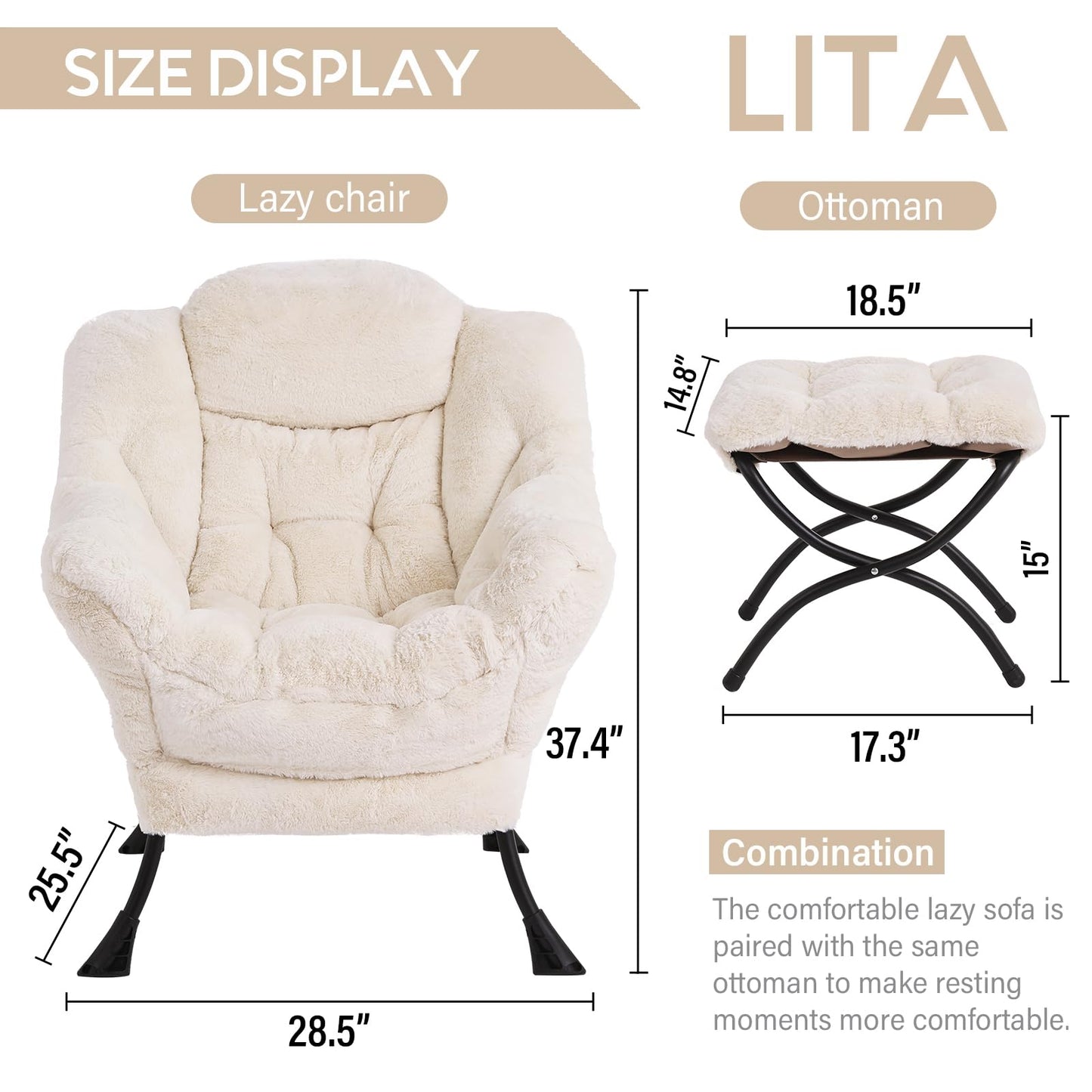 LITA Lazy Chair with Ottoman, Modern Accent Leisure Upholstered Sofa Chair, Lounge Reading Chair with Armrests and a Side Pocket for Living Room, Bedroom & Small Space, Plush Beige