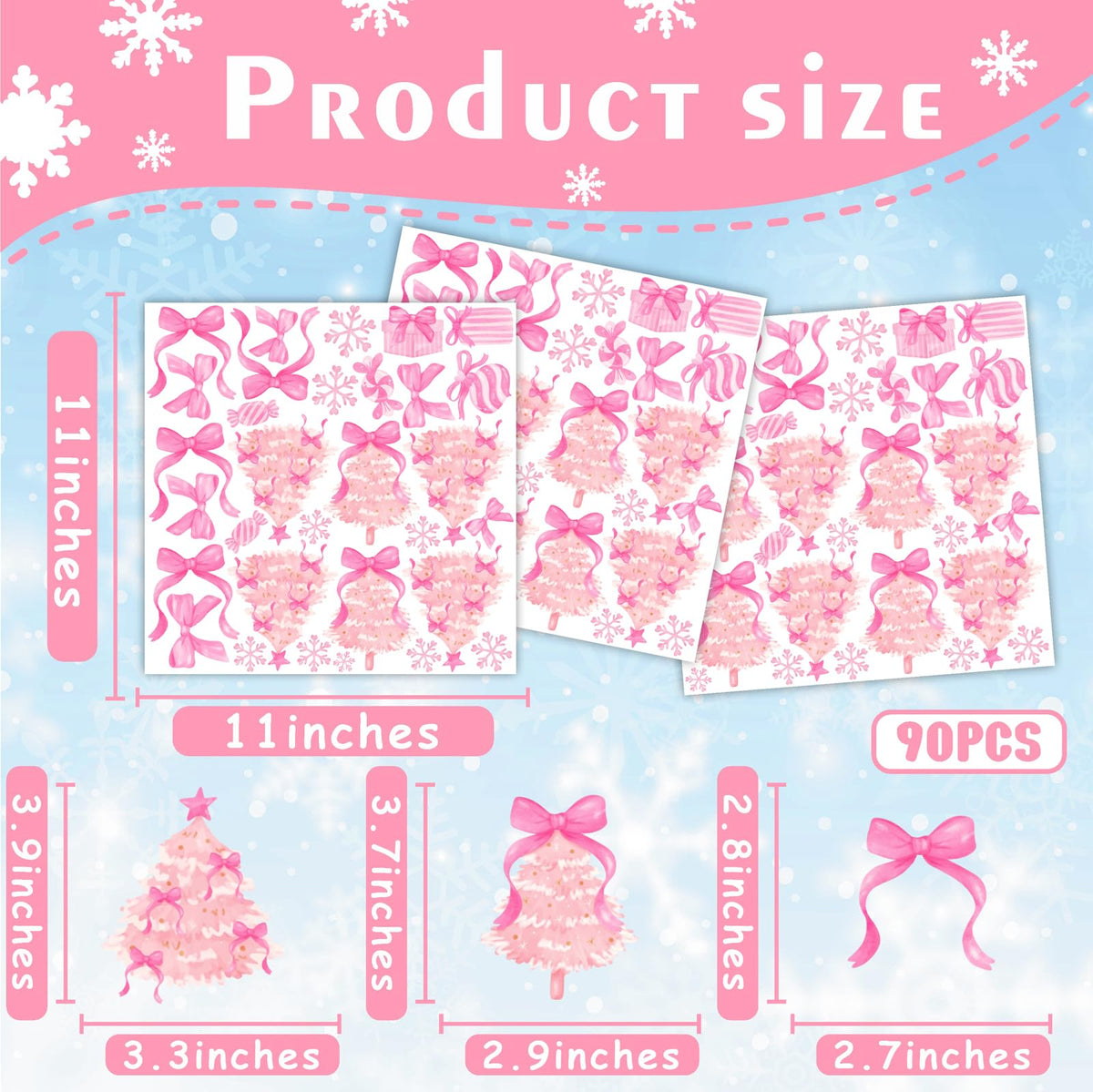Pink Christmas Wall Stickers Xmas Tree Wall Decals Peel and Stick Bow Sticker for Walls Decoration Indoor Bowtie Decals for Crafts Snowflakes Coquette Art Murals for Girls Bedroom Living Room Decor