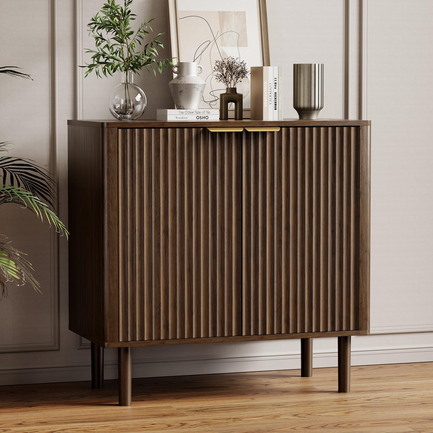 IKALIFE Sideboard Buffet Cabinet with Storage, Modern Fluted Accent Credenza with Doors & Adjustable Shelves, Wood Coffee Bar Console Table for Living Room, Dining Room, Kitchen, Entryway 31.5"Walnut