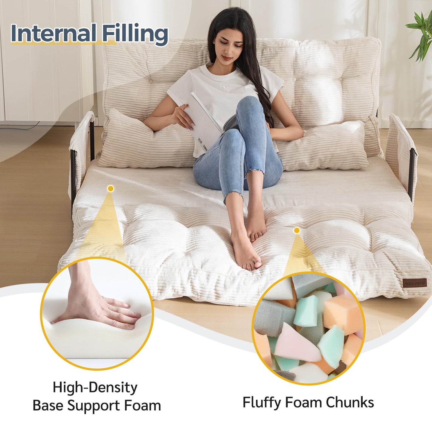 MAXYOYO Adjustable Floor Sofa Couch, Multi-Functional Bean Bag Bed, Loveseat Floor Couch Foldable Lazy Sofa Bed for Reading Living Room, Beige