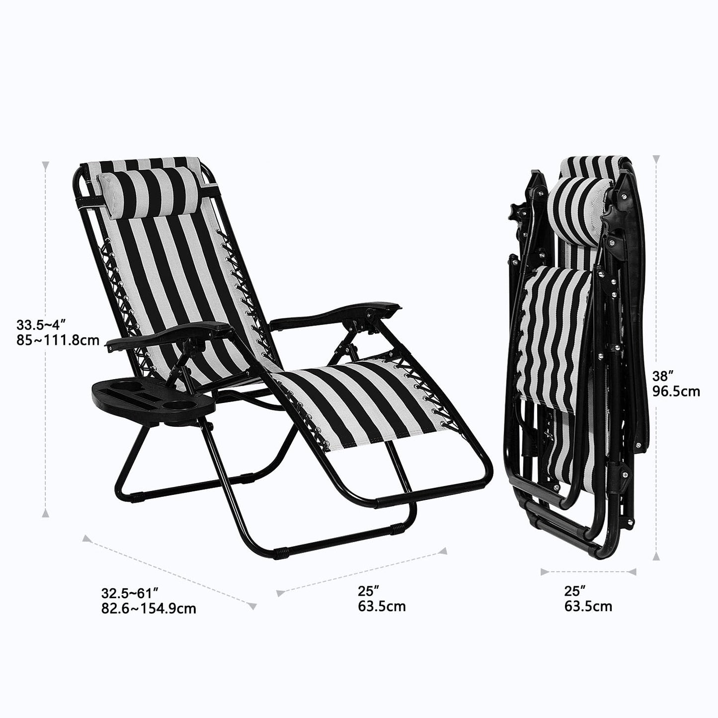Nazhura Set of 2 Relaxing Recliners Patio Chairs Adjustable Steel Mesh Zero Gravity Lounge Chair Beach Chairs with Pillow and Cup Holder Khaki (Black/White Stripe)