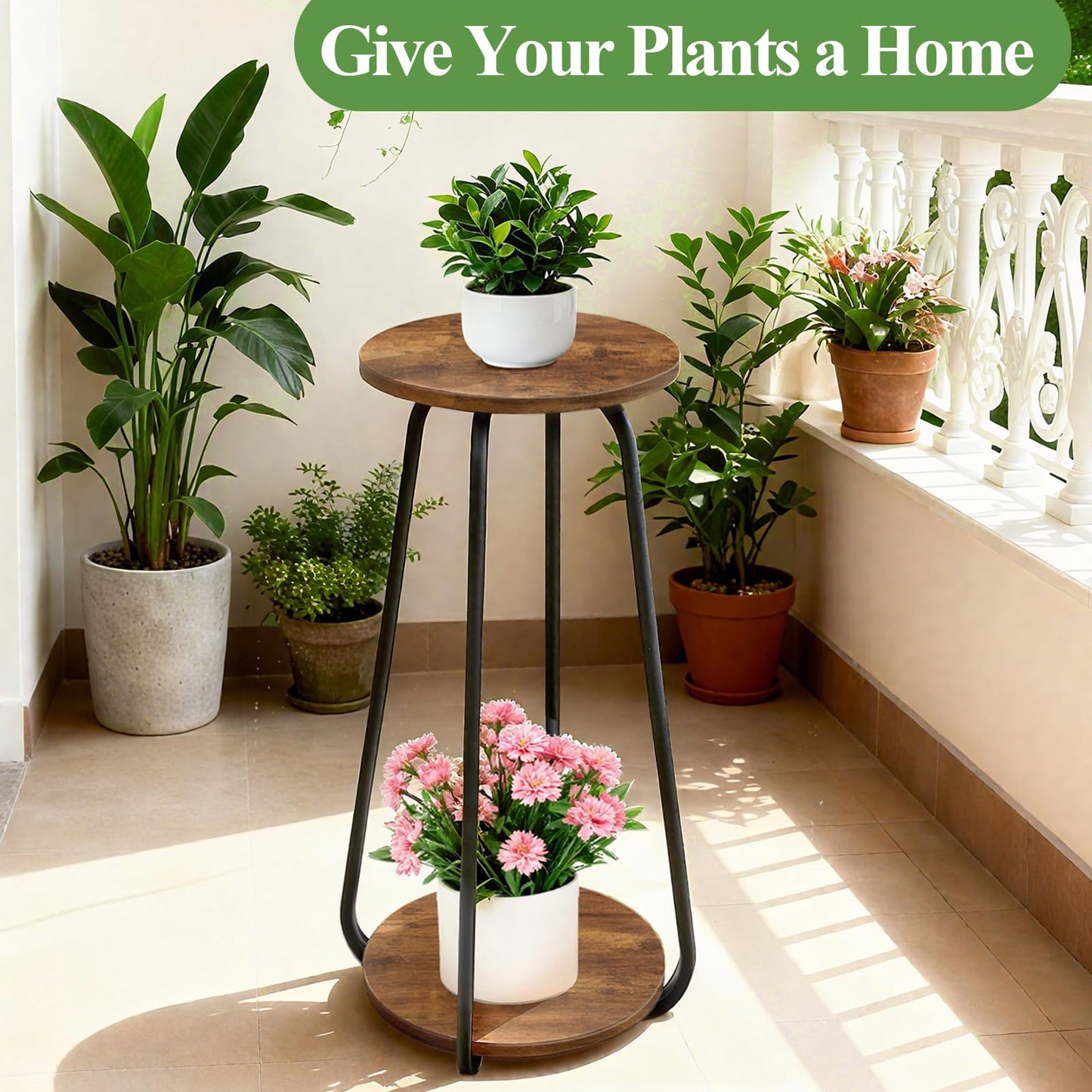OugeWood Plant Stand Indoor, 2 Tier Plant Shelf Pedestal Stand Flower Stand, Metal Wood Plant Stands for Indoor Plants Living Room Balcony Deck Garden