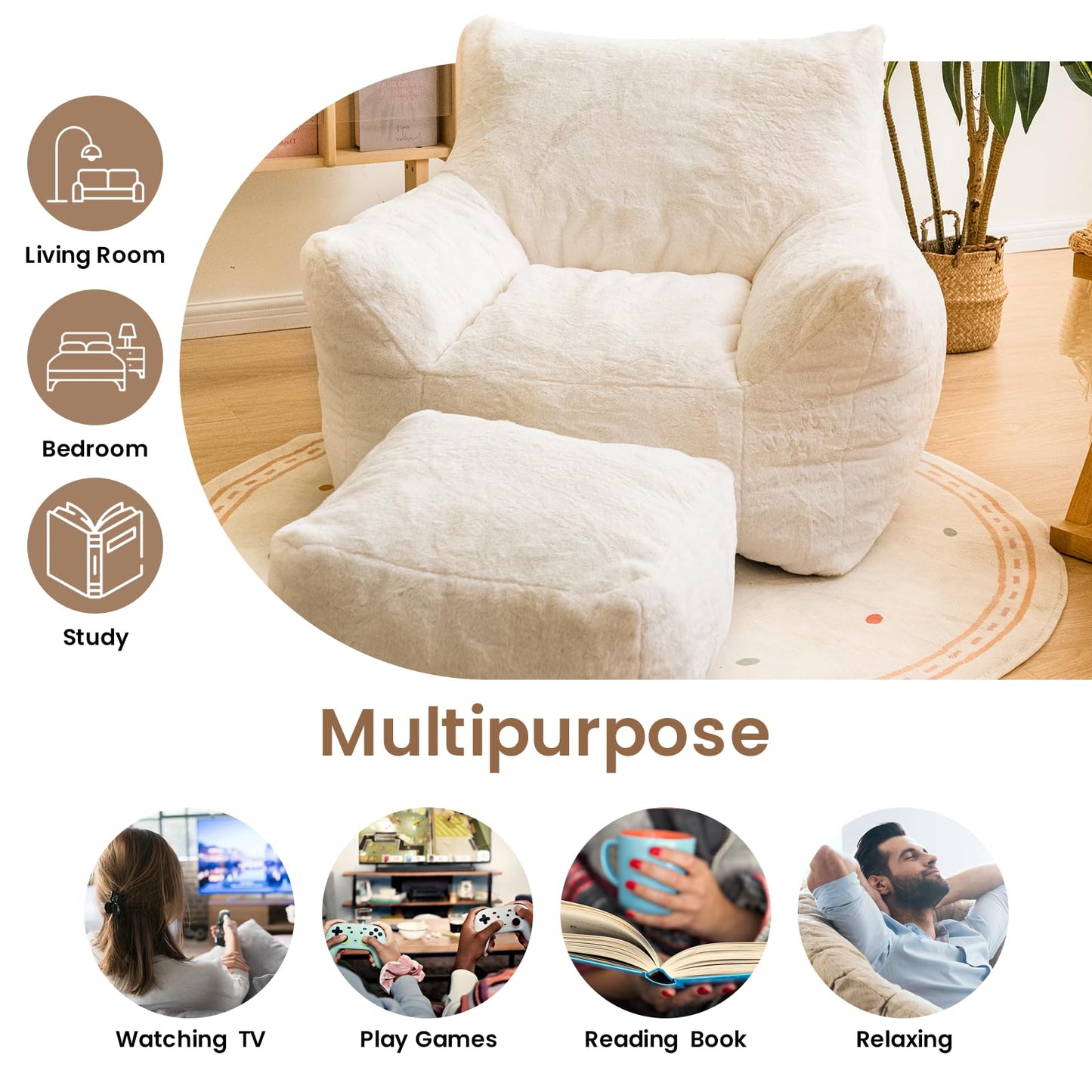 Cvortll Bean Bag Chair with Ottoman, Armrest Bean Bag Chairs with Filler, Ultra Soft Fluffy Faux Fur Bean Bag Chair with Foot Rest, Plush Lazy Sofa with Foot Stool for Living Room, Dorm