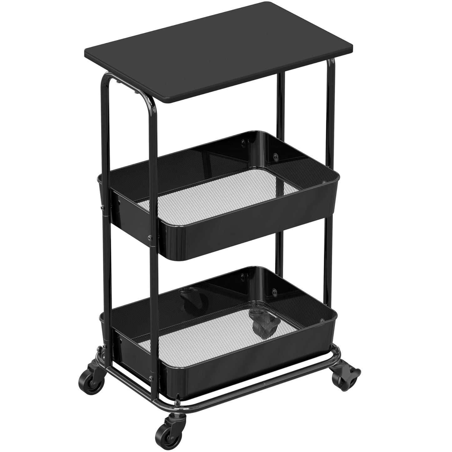 Simple Houseware 2-Tier Rolling Utility Cart with Lockable Wheels and Wood Top, Metal Storage Organizer Trolley for Kitchen, Bathroom, Office, Craft Room, Black