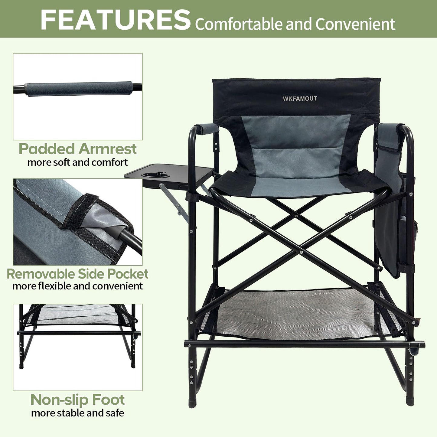 WKFAMOUT 27" Tall Camping Director Chair Oversized with Side Table, Heavy Duty Folding Lawn Chair Outdoor for Makeup Artist, Sports Event, Supports 330LBS