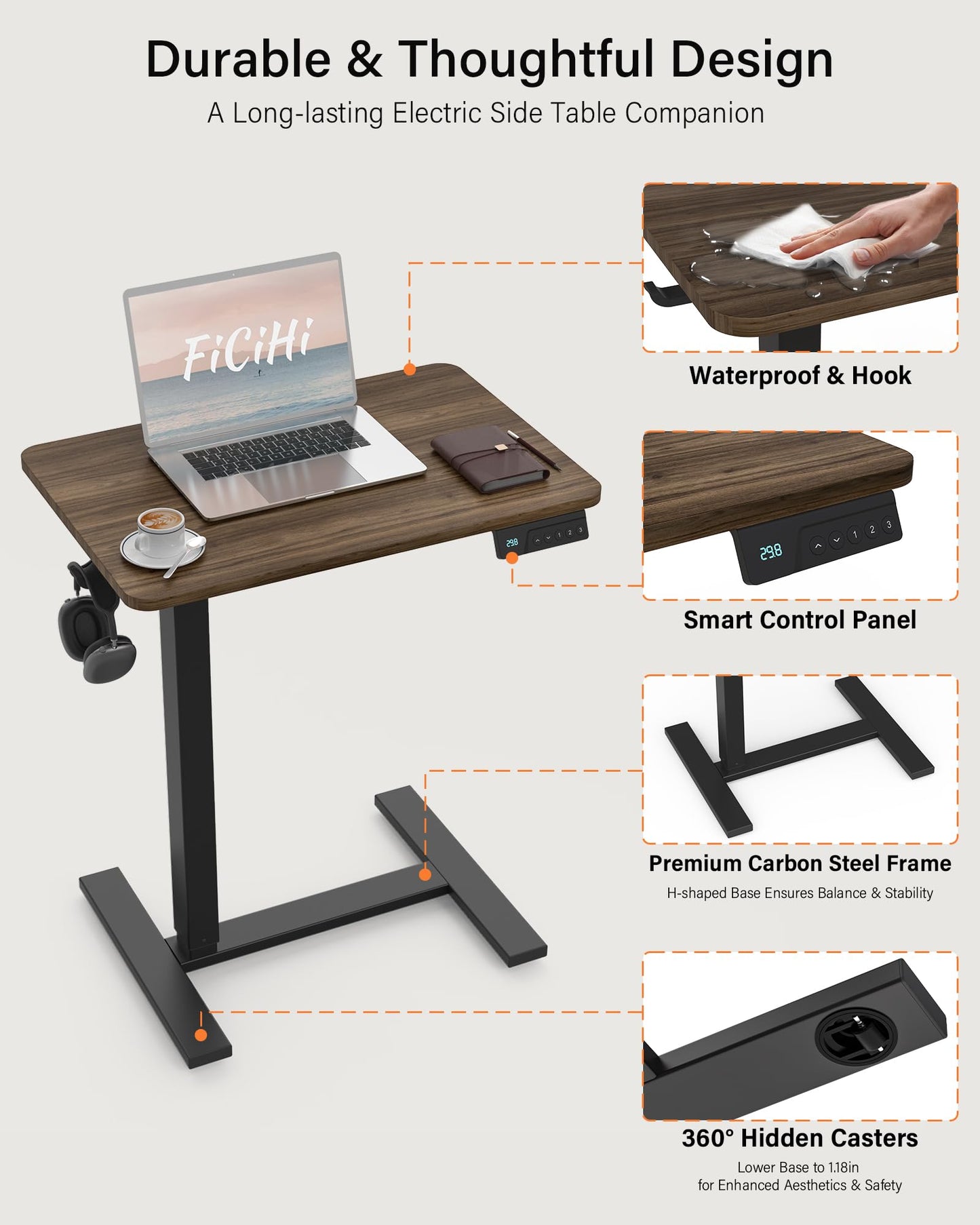 FiCiHi Small Electric Standing Desk - Adjustable Height Bedside Laptop Table with Wheels, Mobile, Portable Rolling Computer Workstation Sit Stand Table for Home Office, Sofa, Couch Use(28x16,Walnut)